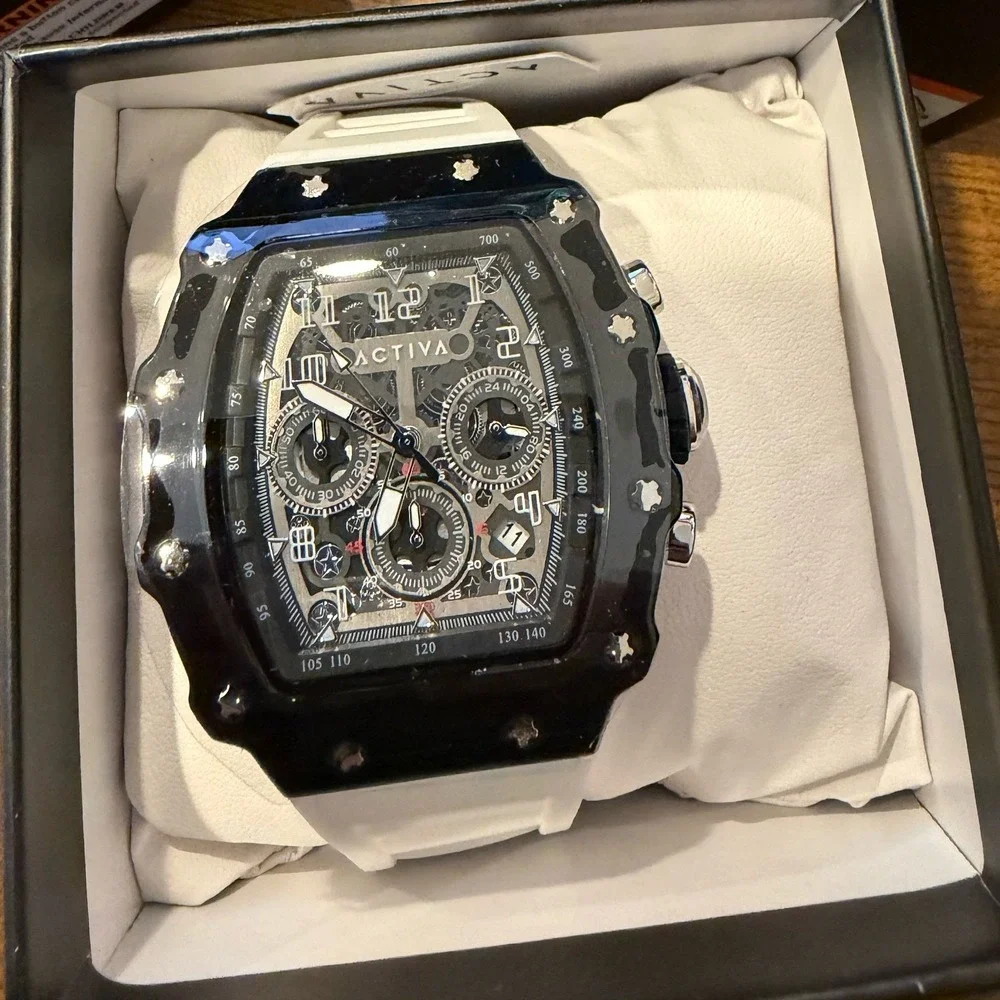 Activa Mens Tonneau‎ Skeleton Chronograph Watch Black Bezel White Silicone Strap